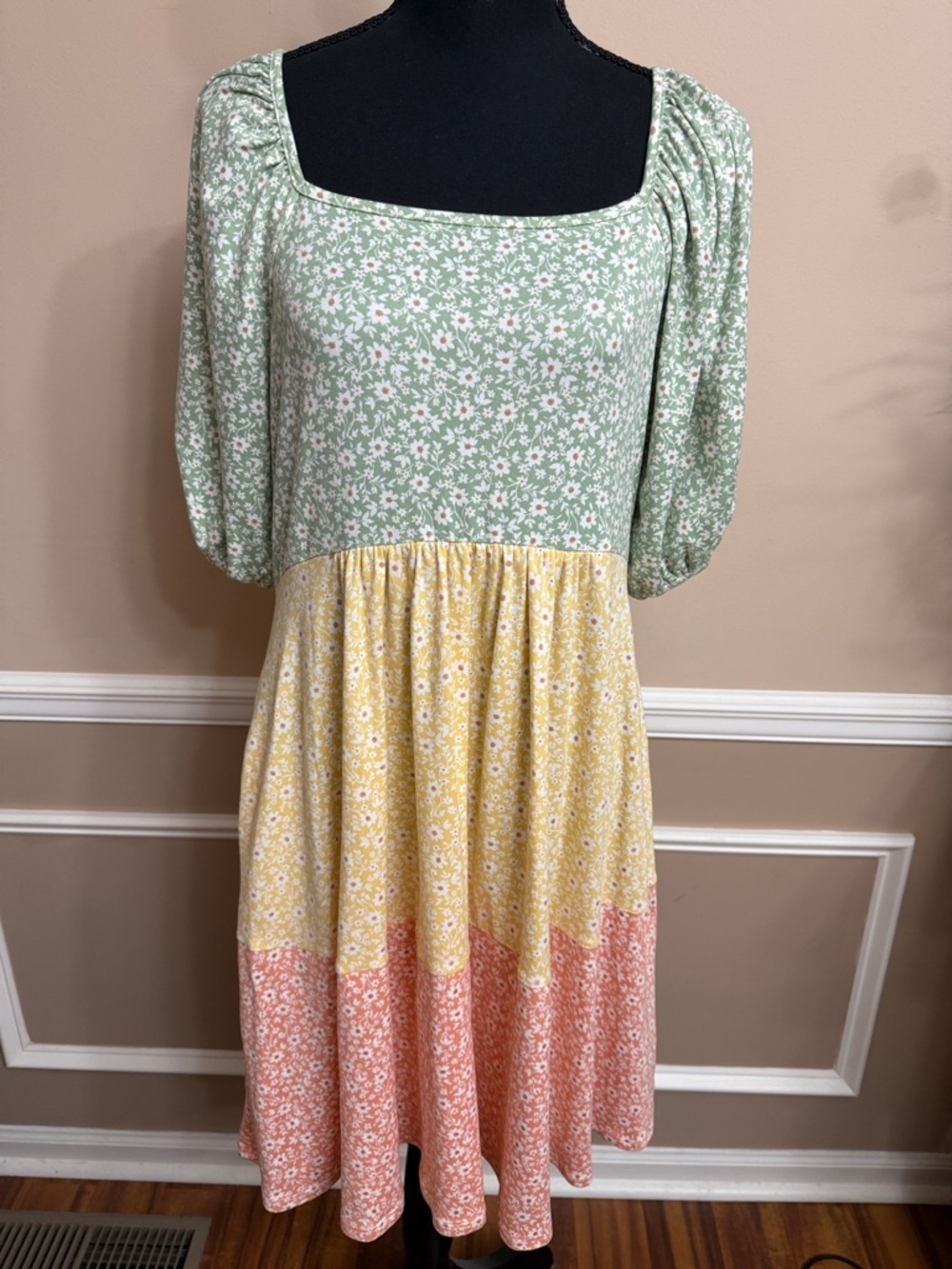 Square-Neck Tiered Midi Dress in Mint, Yellow & Coral